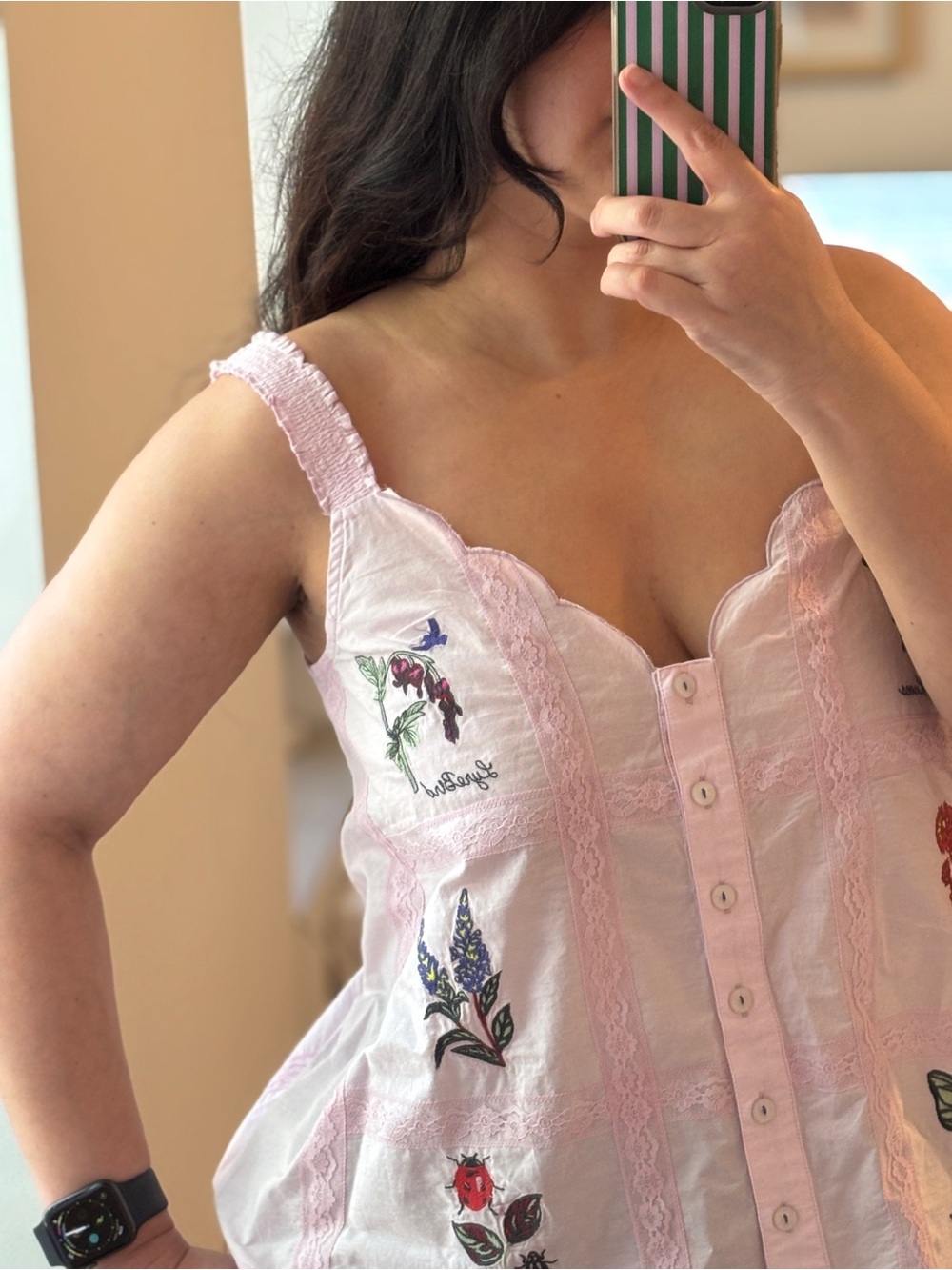 Anthropologie Light Pink Embroidered Lace Button-Front Tank